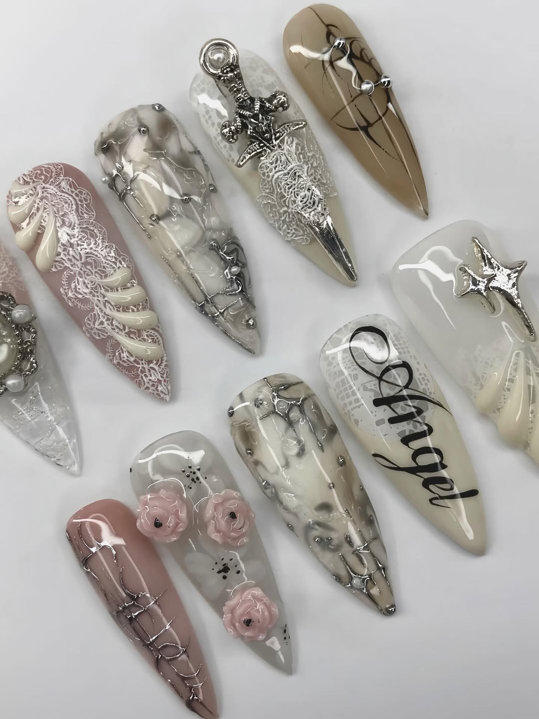 Elegant Angel-Inspired Press-On Nails with Lace, Florals, and Sculpted Details