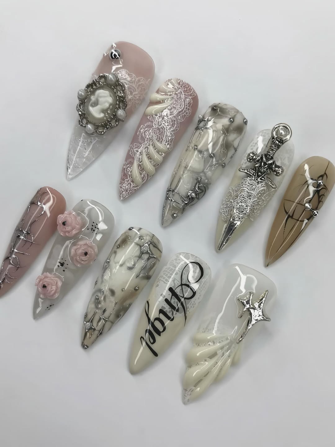 Elegant Angel-Inspired Press-On Nails with Lace, Florals, and Sculpted Details