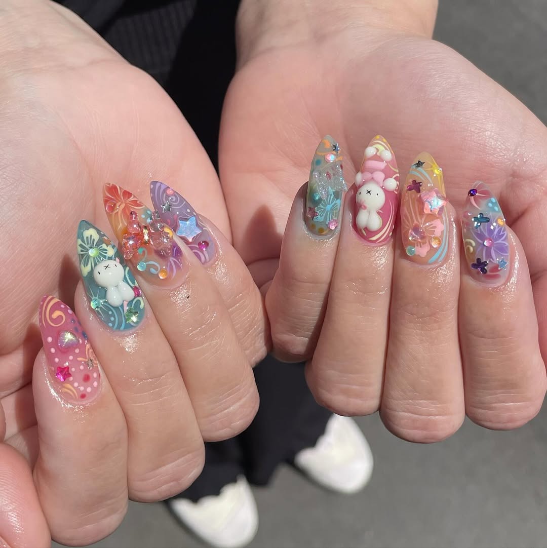 Vibrant Floral Bunny Press On Nails with Stylish Design
