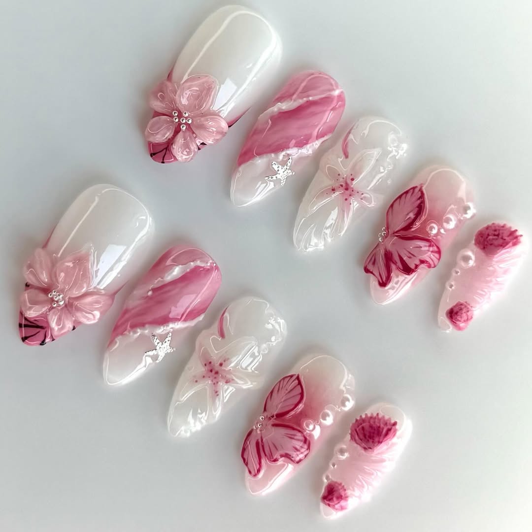 Elegant Pink Floral Stiletto Press On Nails with Charm