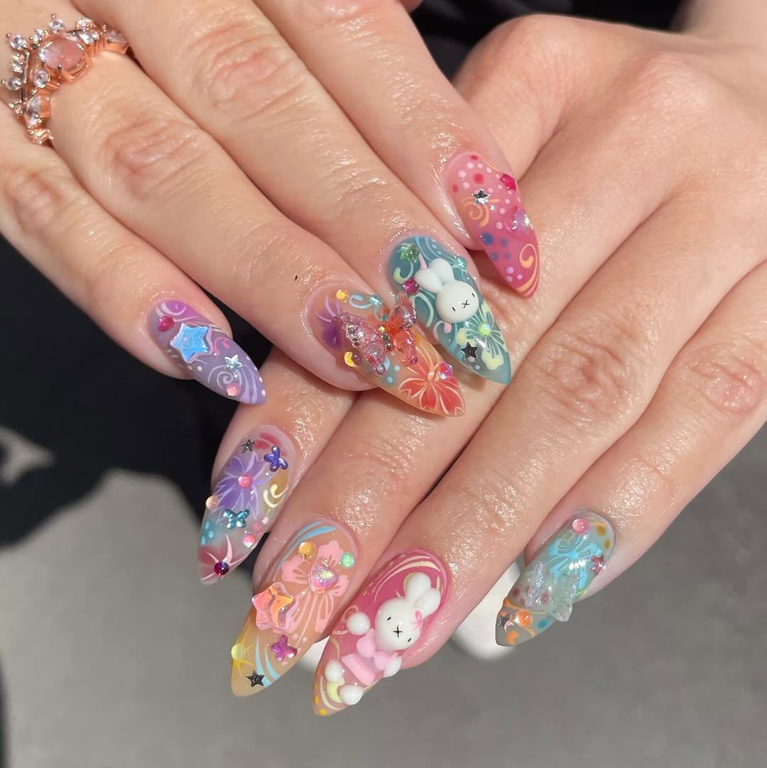 Vibrant Floral Bunny Press On Nails with Stylish Design