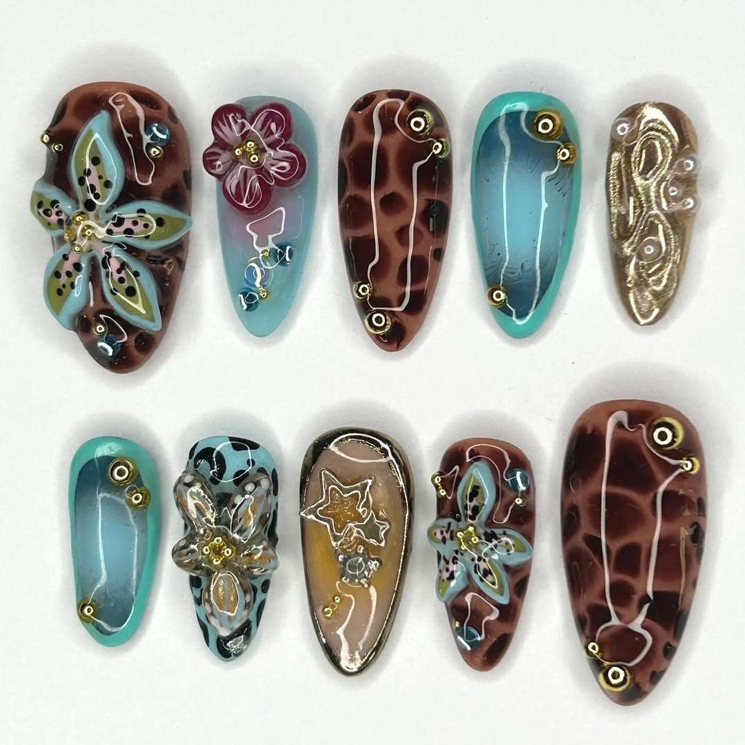 Exotic 3D Floral Leopard Press On Nails