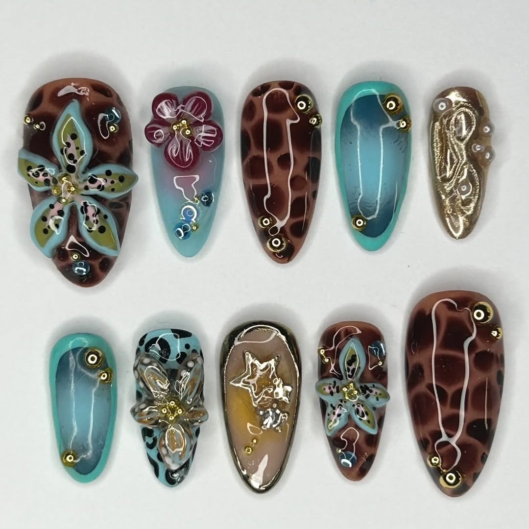 Exotic 3D Floral Leopard Press On Nails