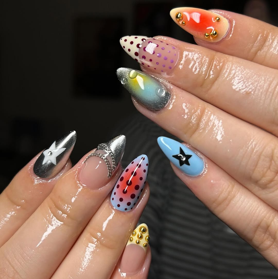 Y2K Pop Chrome Press On Nails with Metallic & Dot Art Design