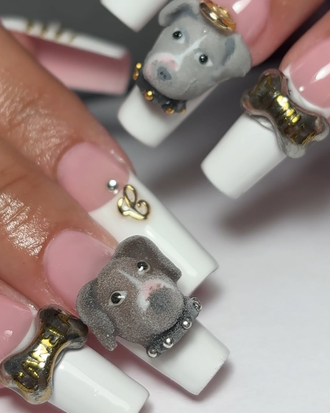 3D Puppy Charm Press-On Nails with Bone Accents