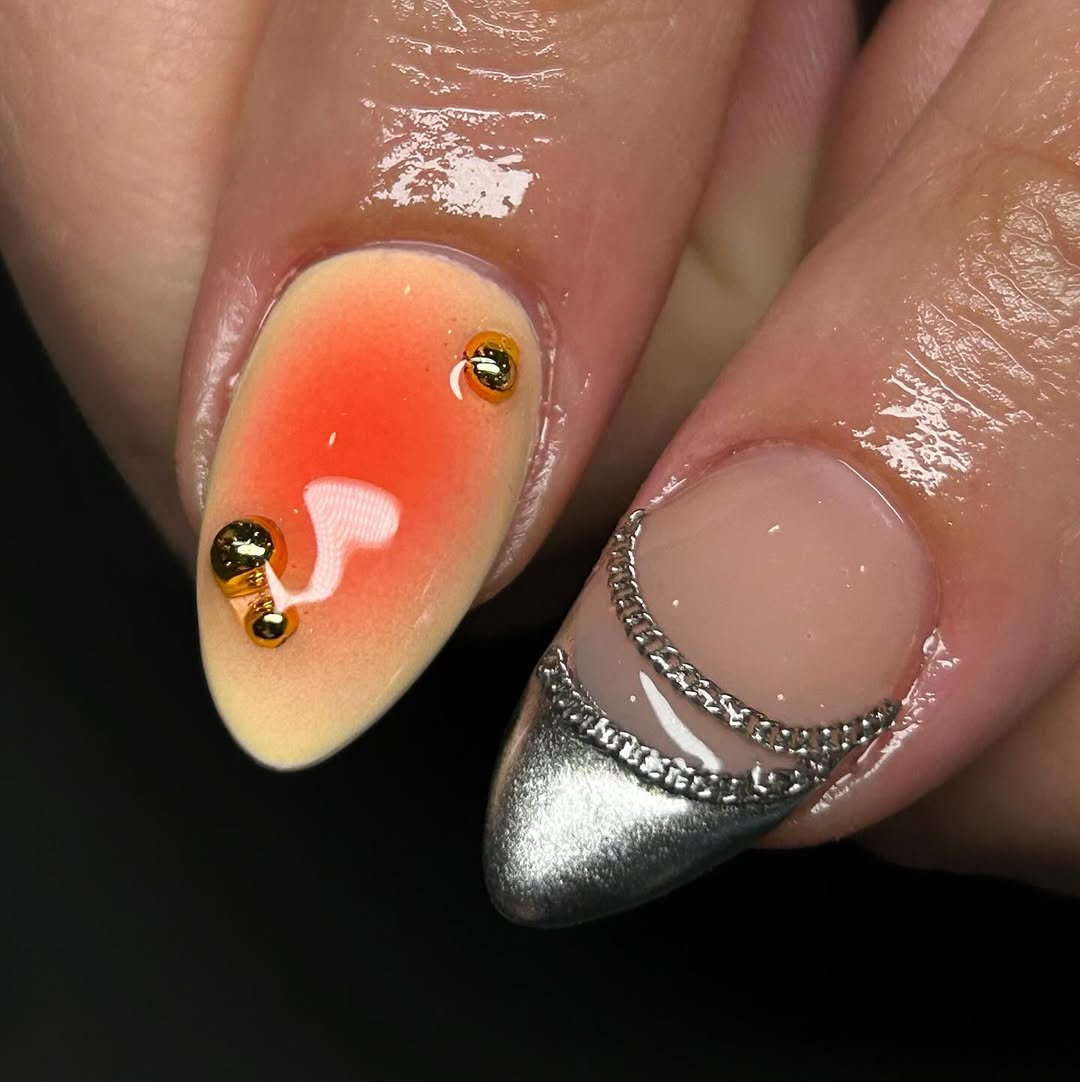 Y2K Pop Chrome Press On Nails with Metallic & Dot Art Design