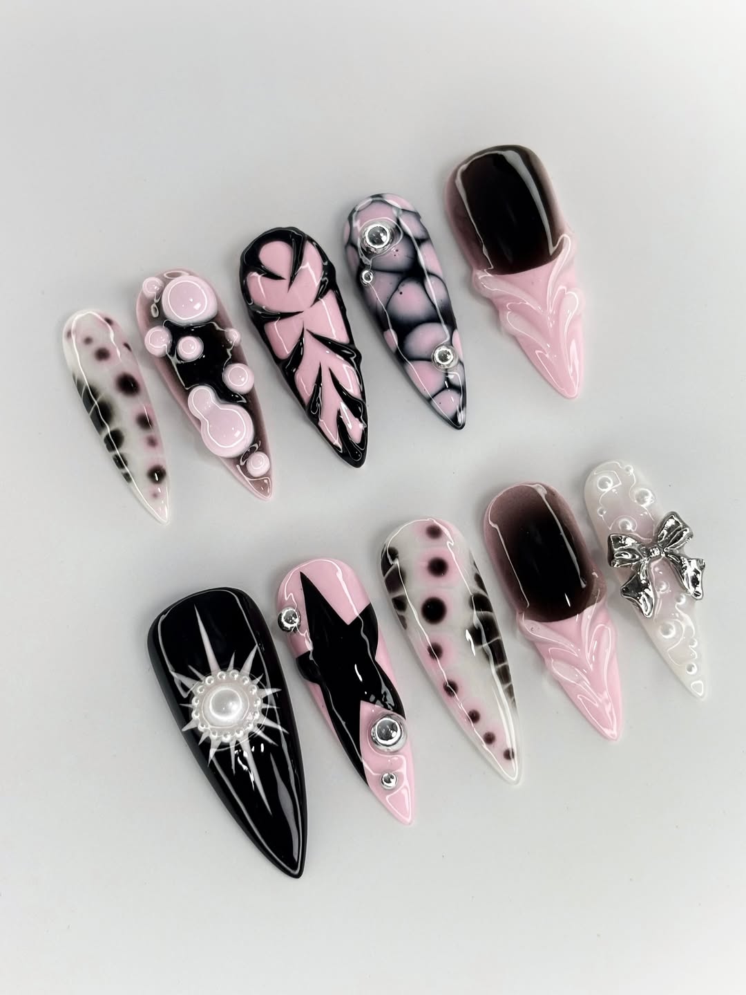 Handpainted Pink Black White Press On Nails with Star, Bow, and Bubble 3D Accents