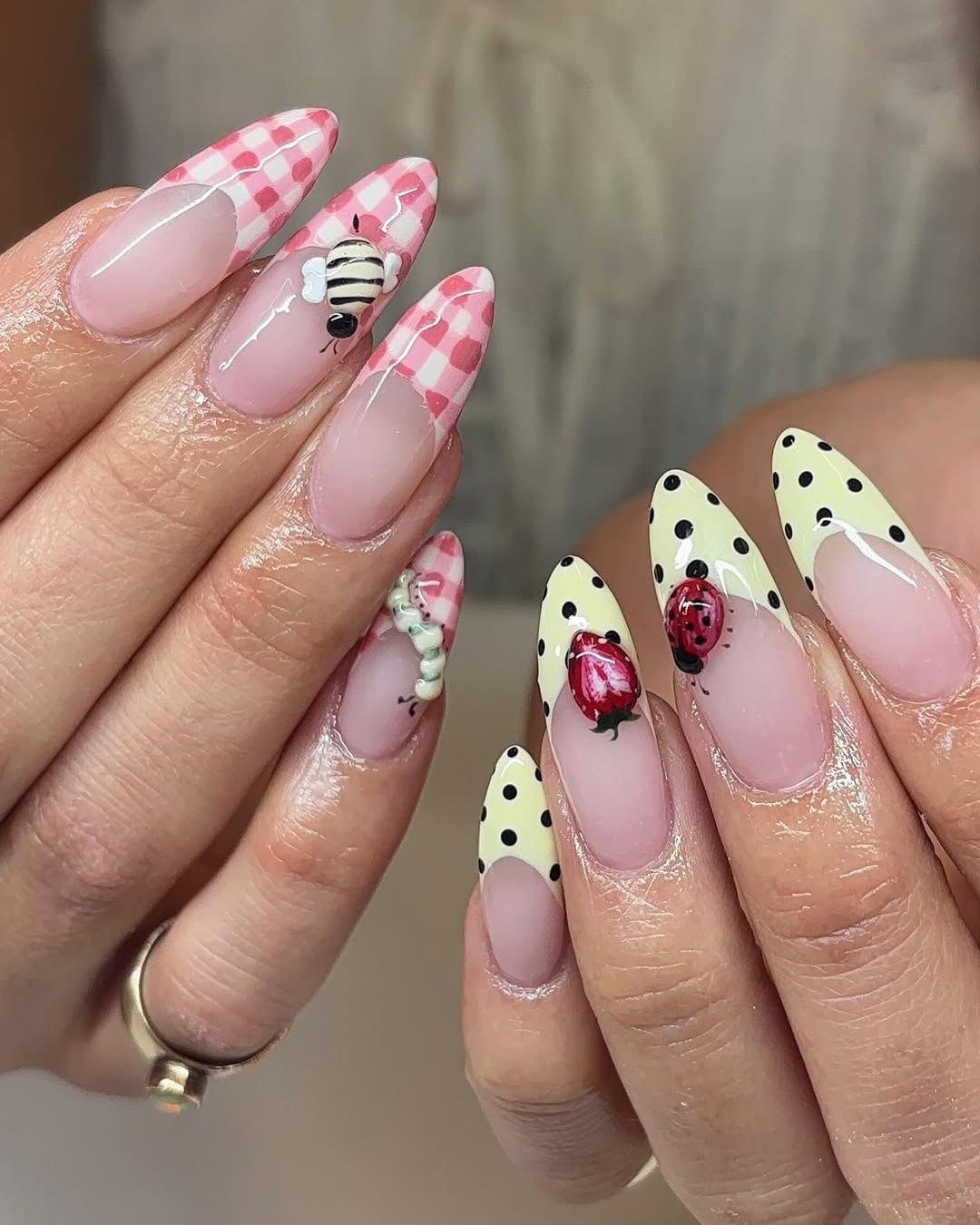 Adorable 3D Bug Fruit Plaid Press On Nail Set