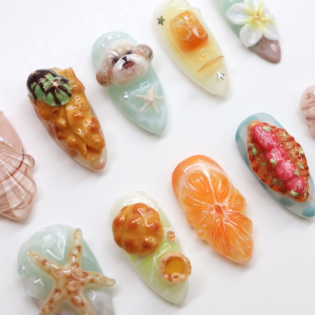 3D Ocean Dessert Press On Nails - Starfish & Citrus Designs