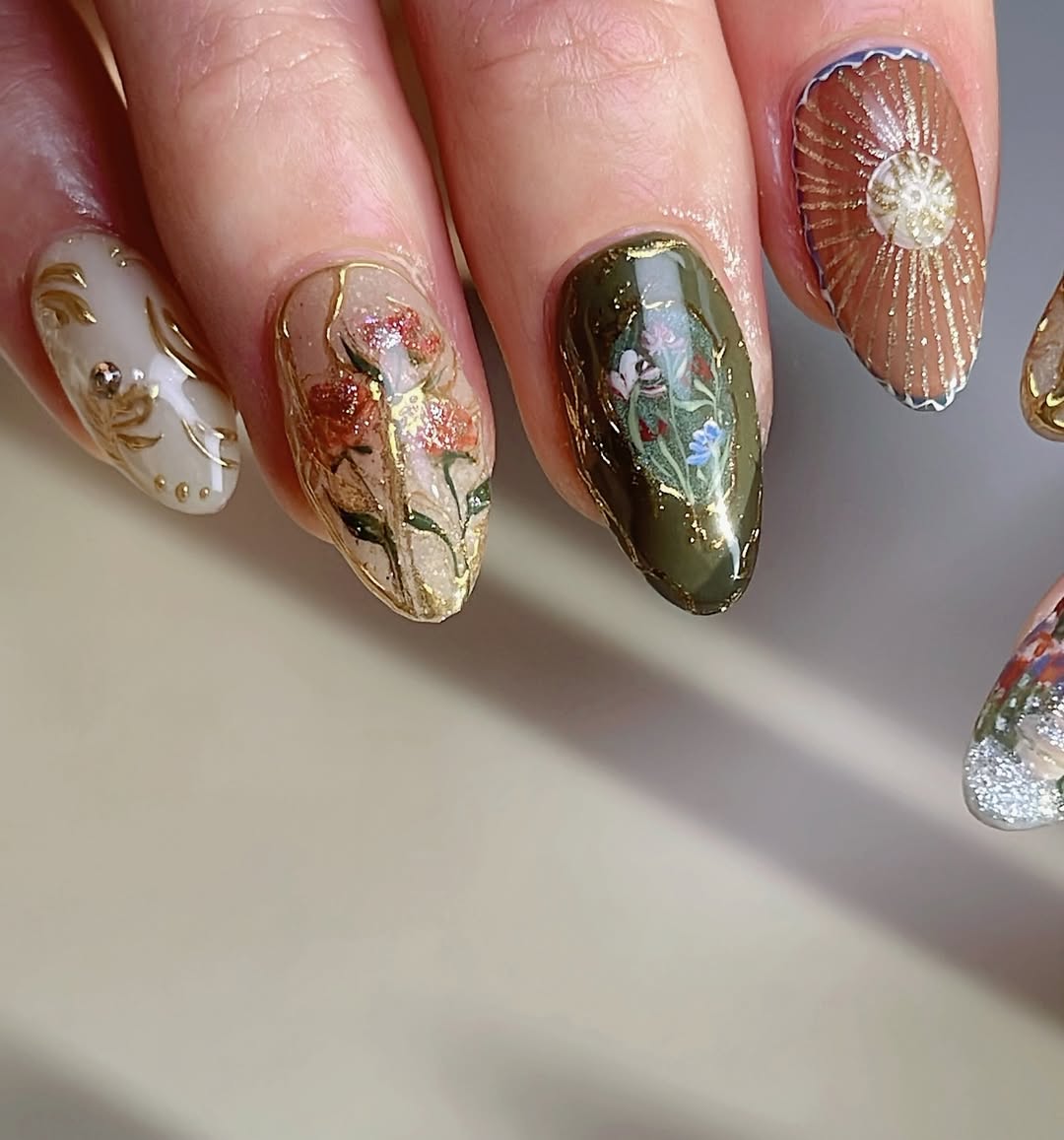 Vintage Forest Fantasy Press On Nails with Gold Foil & Nature Art