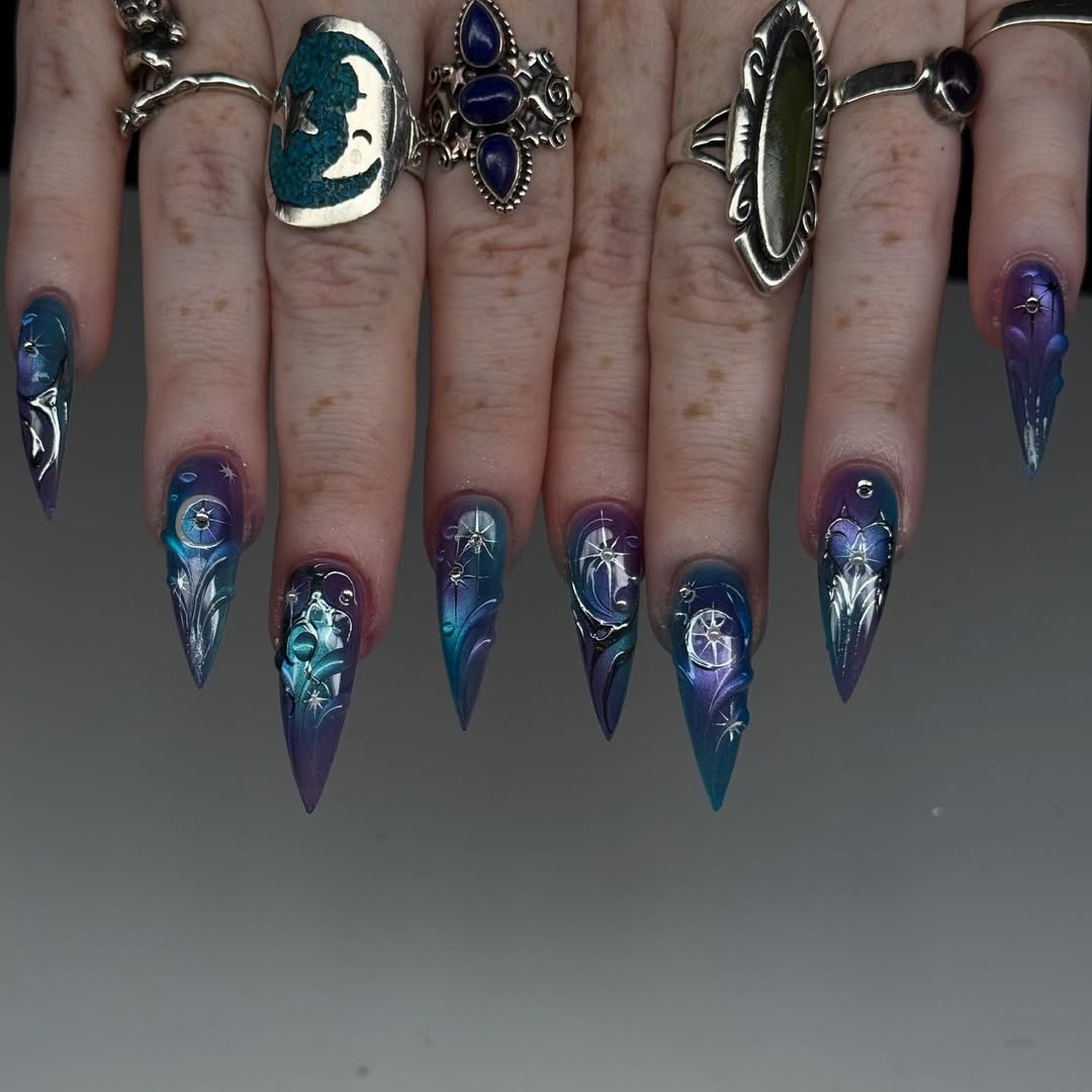 Handmade Press-On Nails with Cosmic Galaxy Constellation and Moon Accents