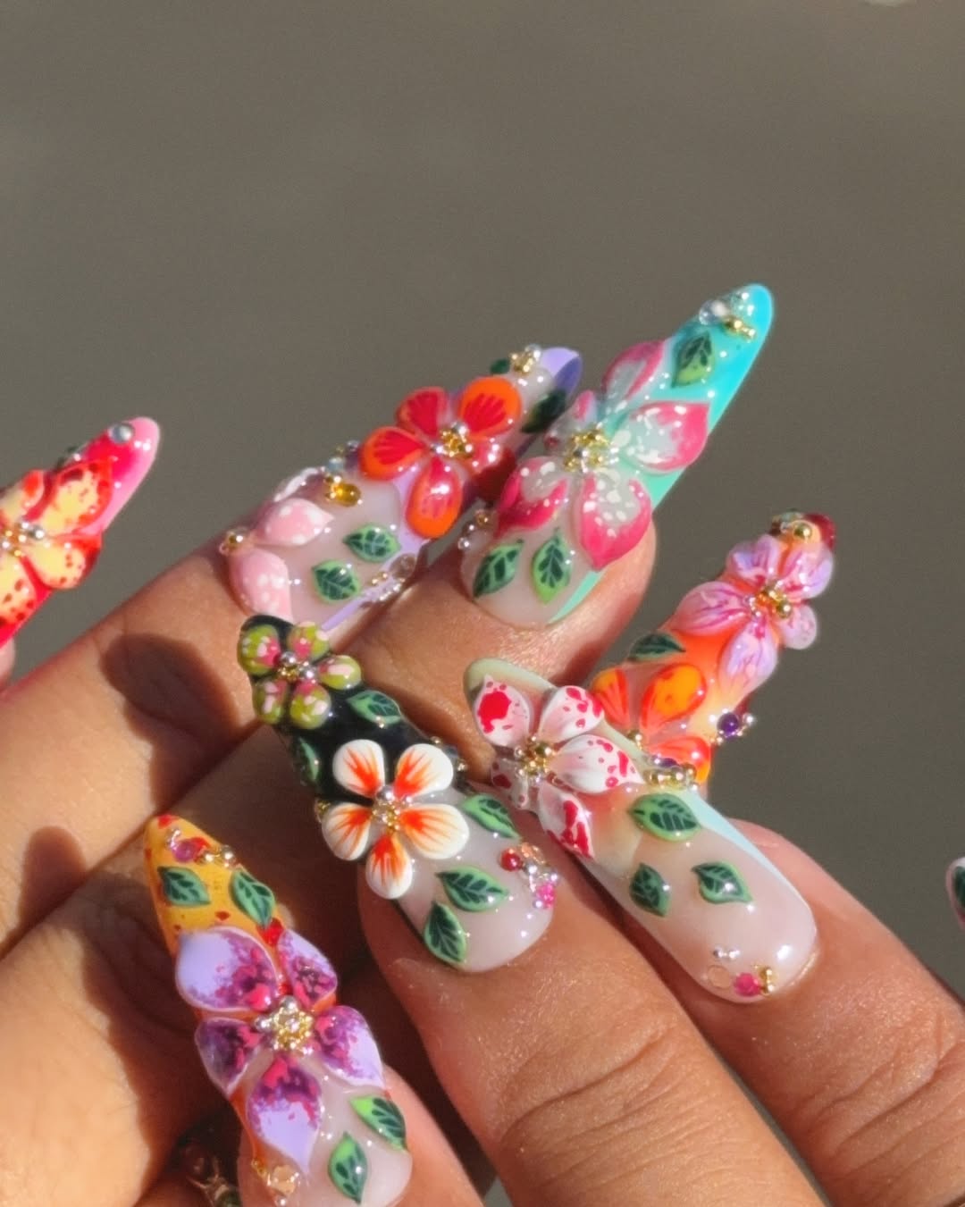 Tropical 3D Flower Press On Nails Rainbow Garden Set