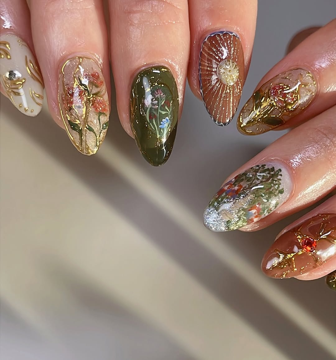 Vintage Forest Fantasy Press On Nails with Gold Foil & Nature Art