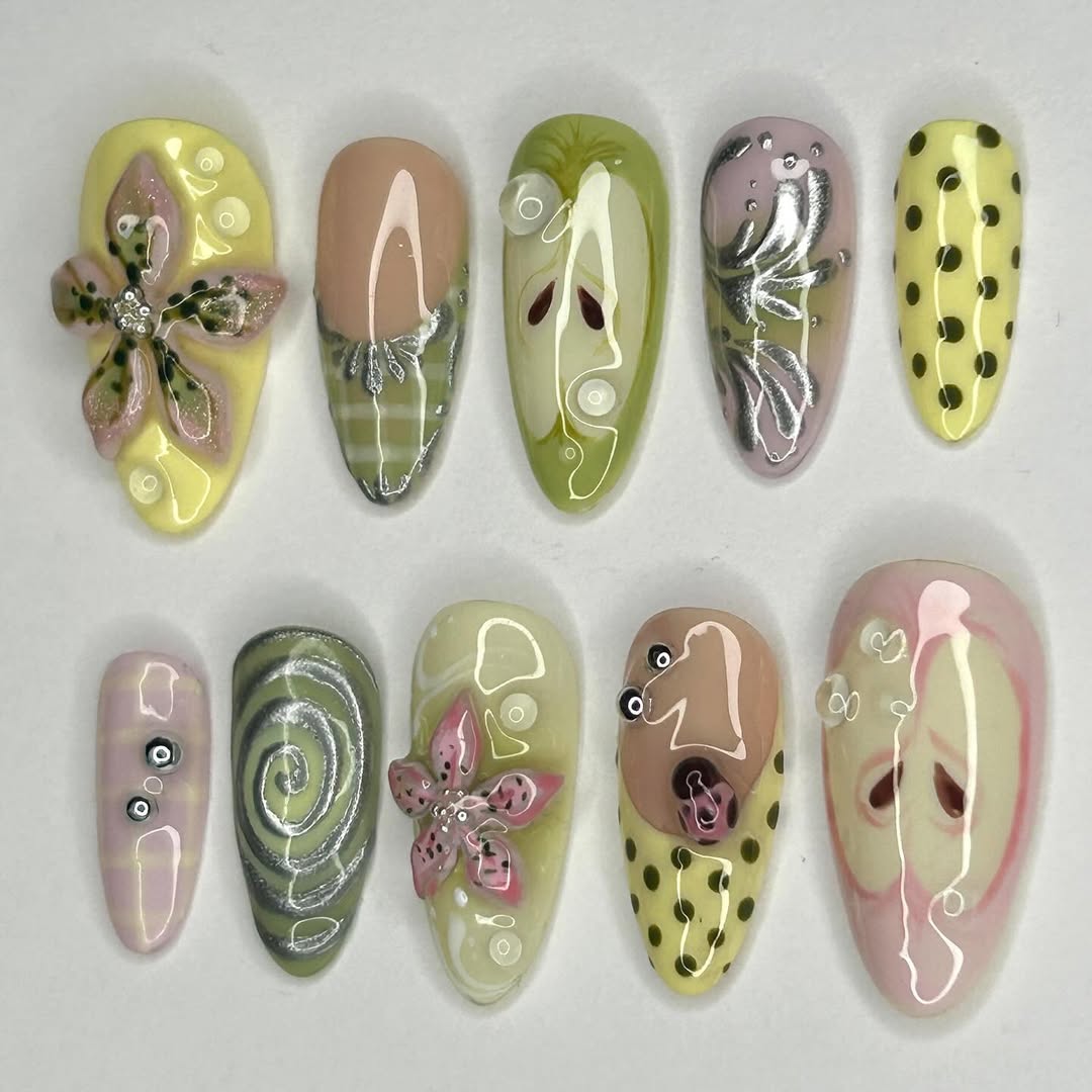 Vibrant 3D Floral Swirl Press On Nails