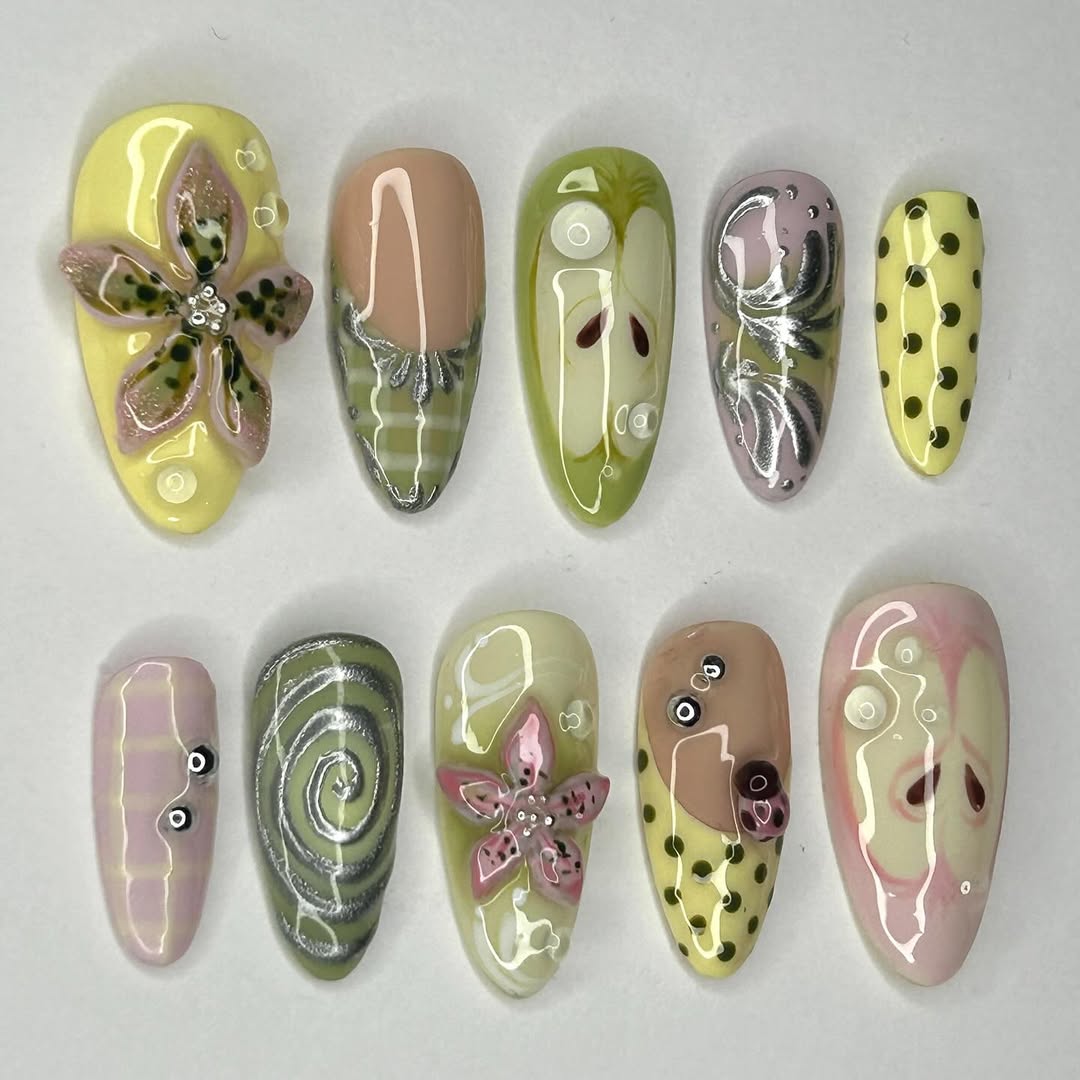Vibrant 3D Floral Swirl Press On Nails