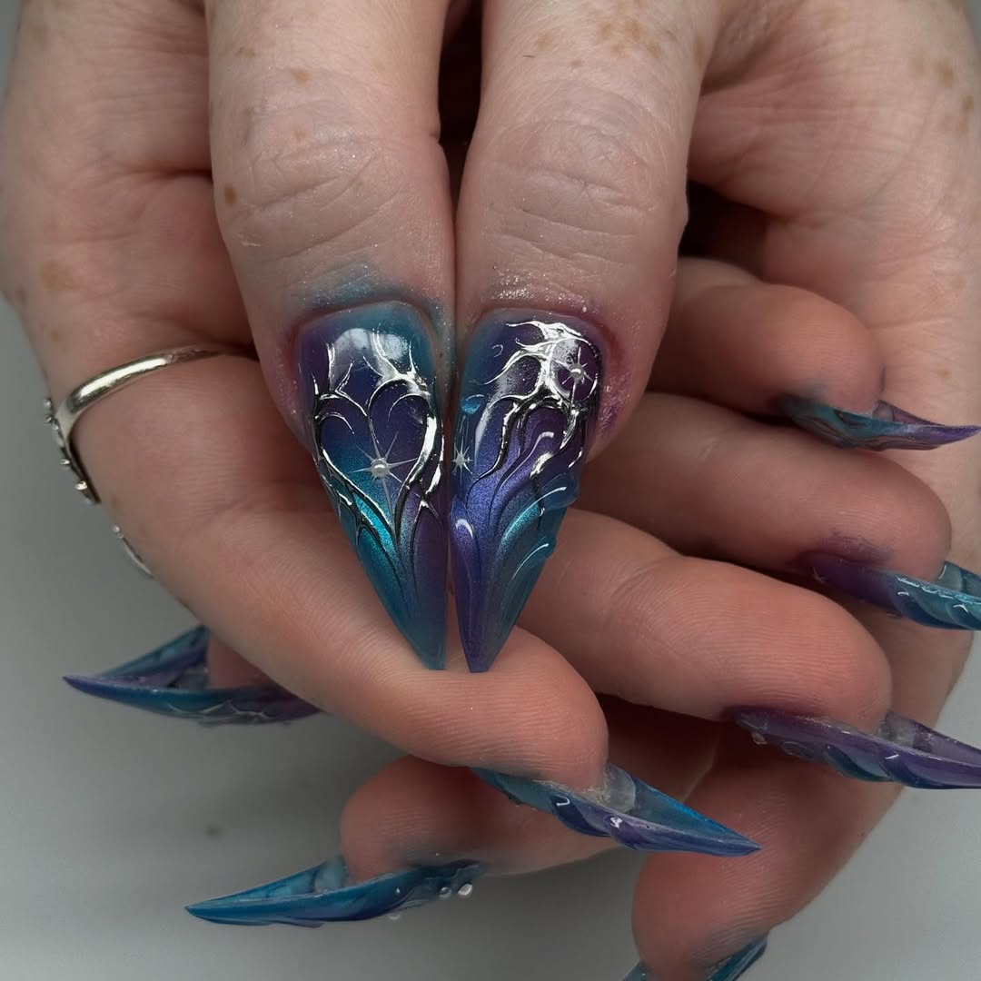 Handmade Press-On Nails with Cosmic Galaxy Constellation and Moon Accents