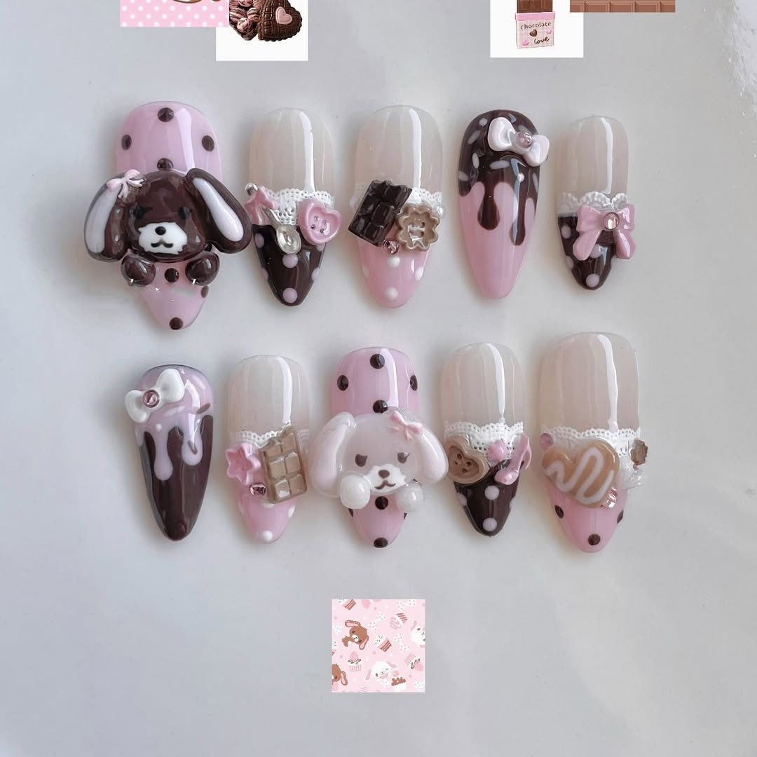Cute Pink and Brown 3D Press-On Nails with Puppy and Sweet Charms