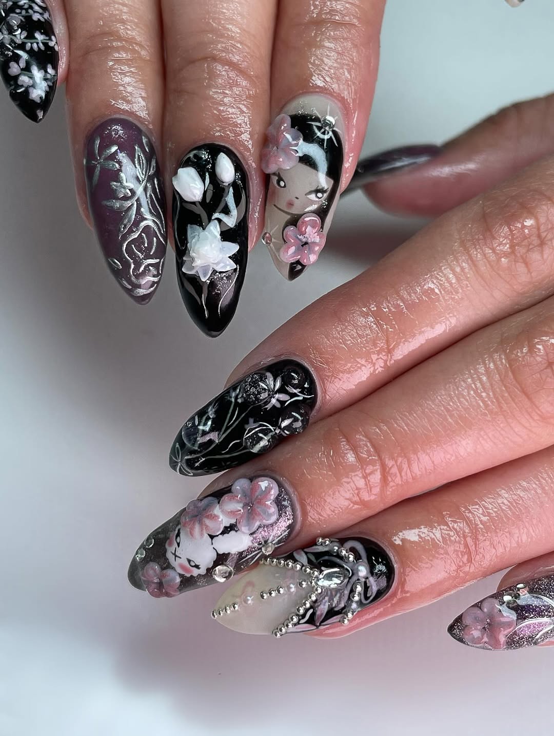 Geisha Sakura 3D Press On Nails with Floral Art Details