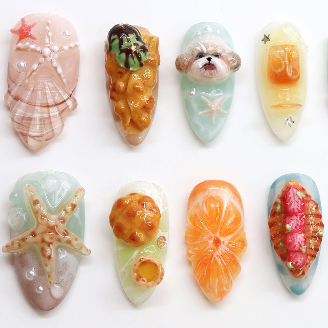3D Ocean Dessert Press On Nails - Starfish & Citrus Designs