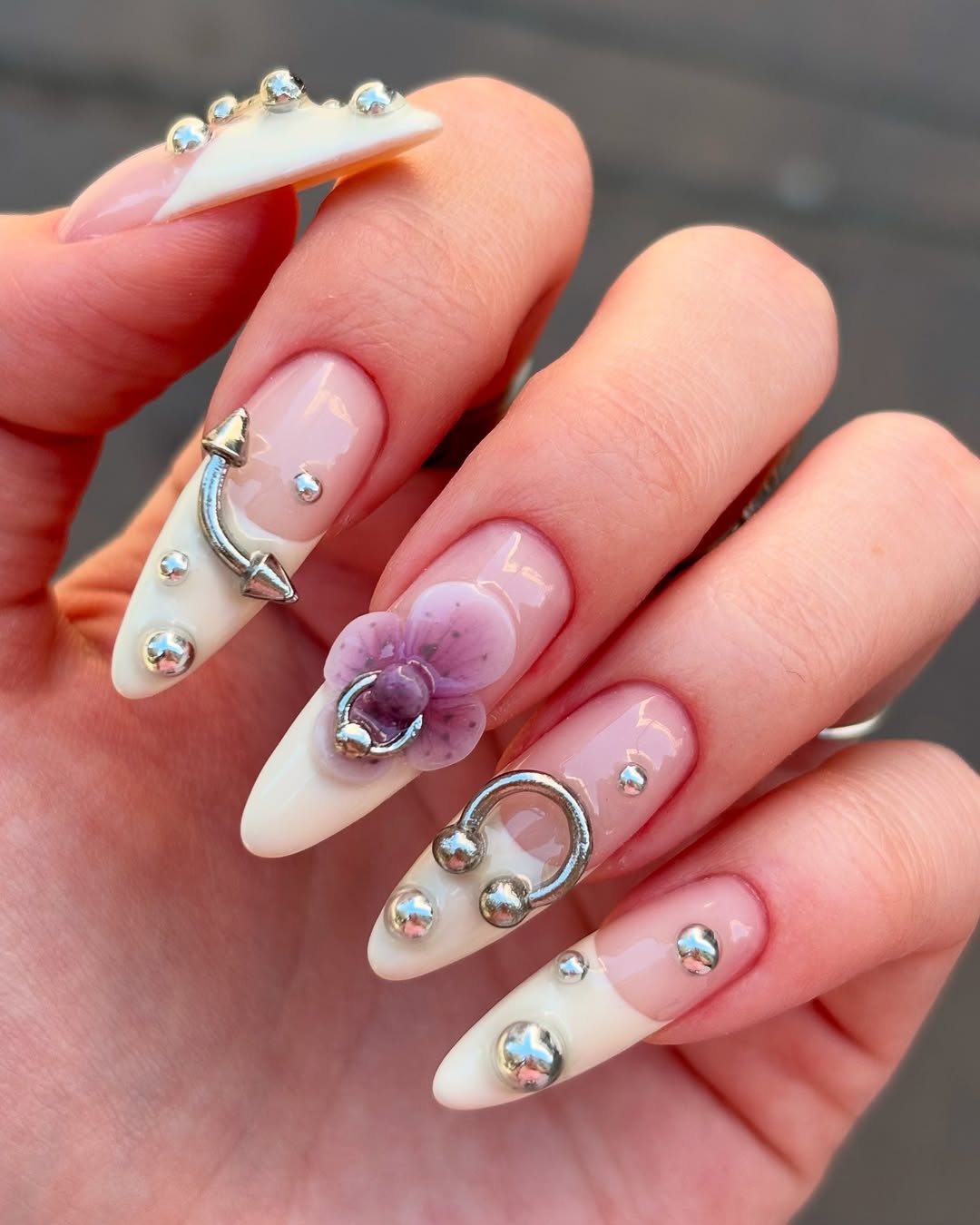 3D Orchid Piercing Press On Nails with Metallic Charms