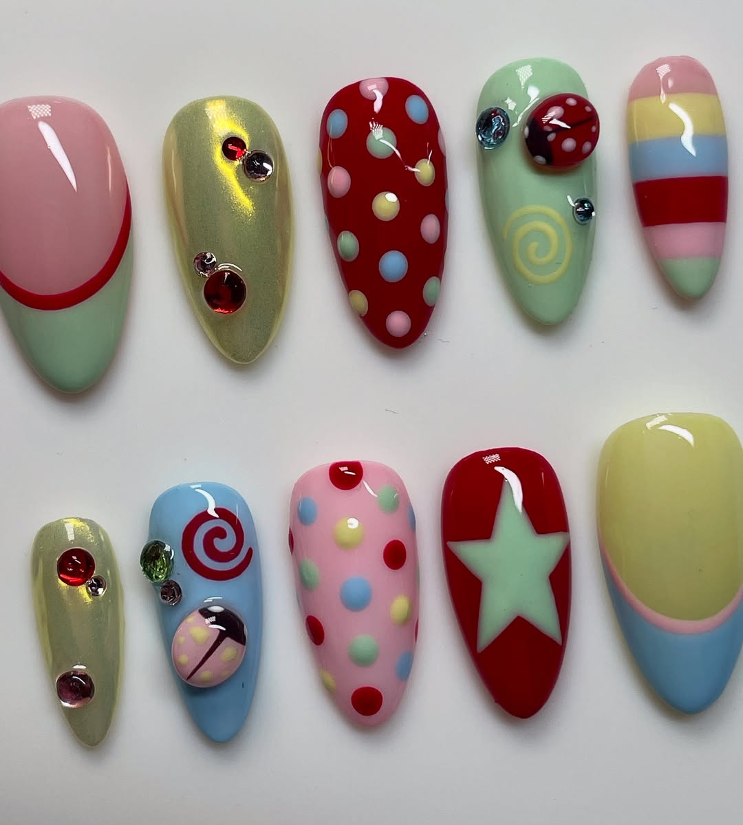 Playful Candy Swirl & Polka Dot Press On Nails with 3D Accents