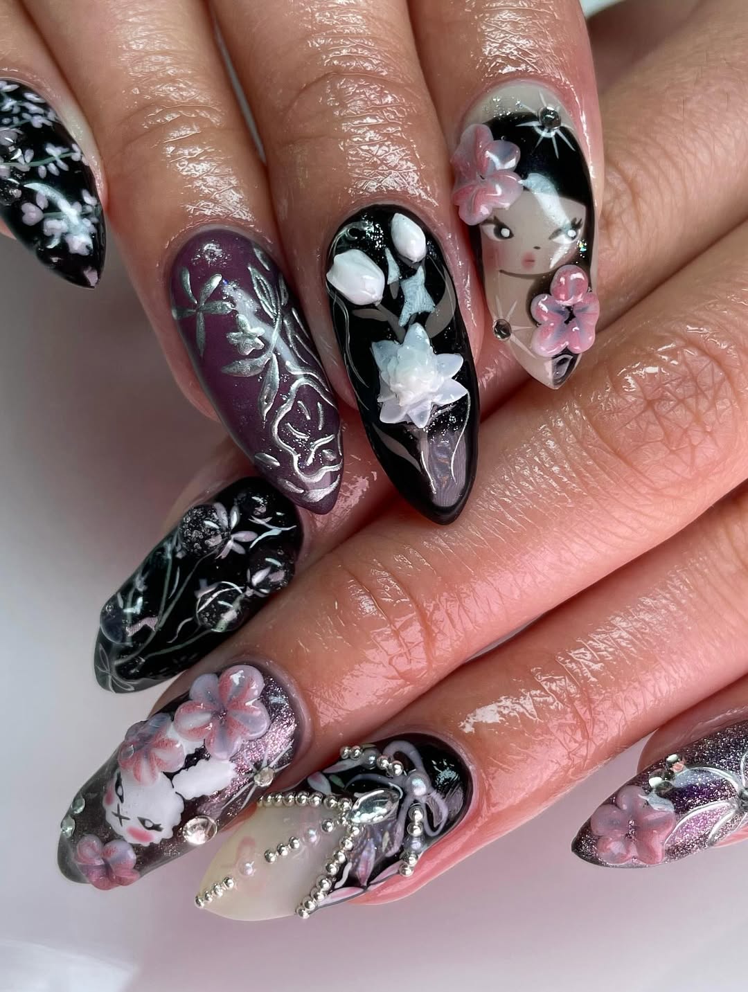 Geisha Sakura 3D Press On Nails with Floral Art Details