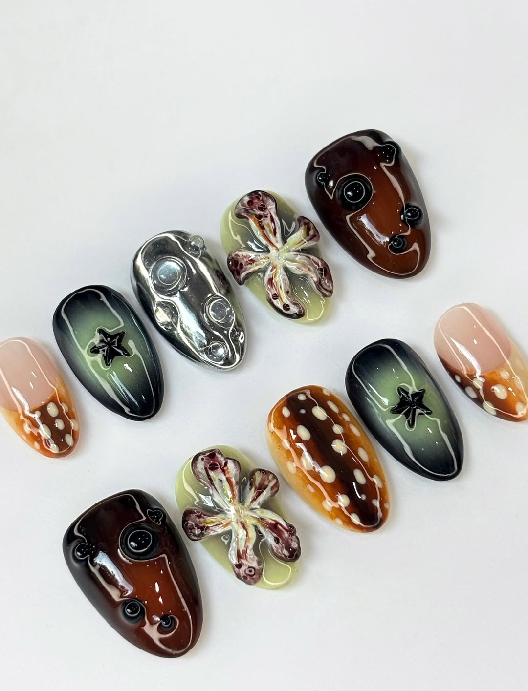Handpainted Brown Green Press On Nails with Floral and Star 3D Accents
