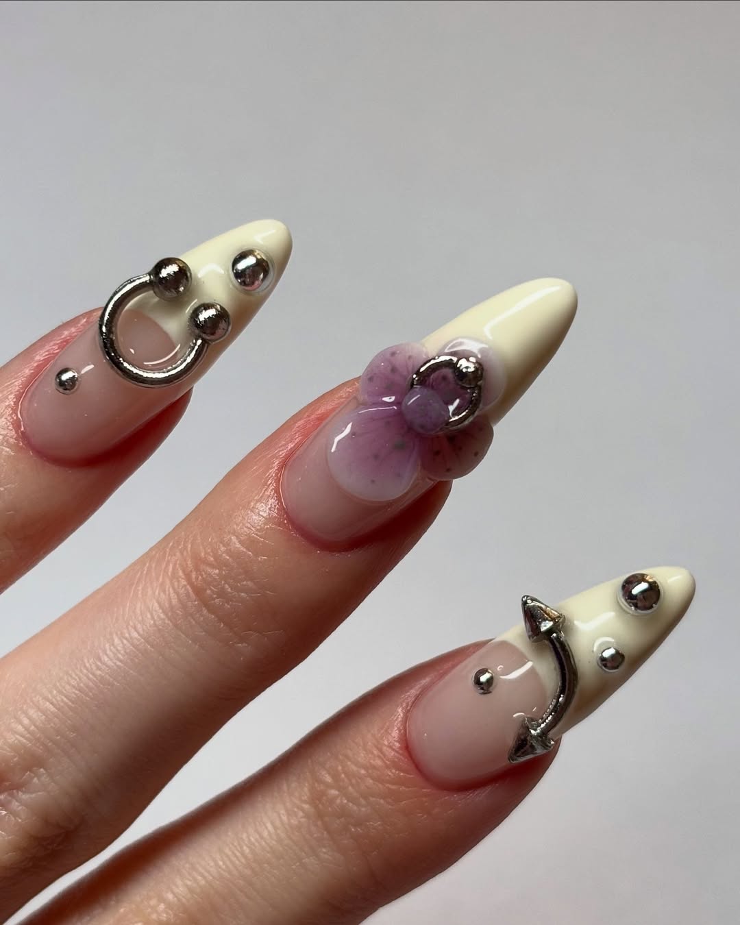 3D Orchid Piercing Press On Nails with Metallic Charms
