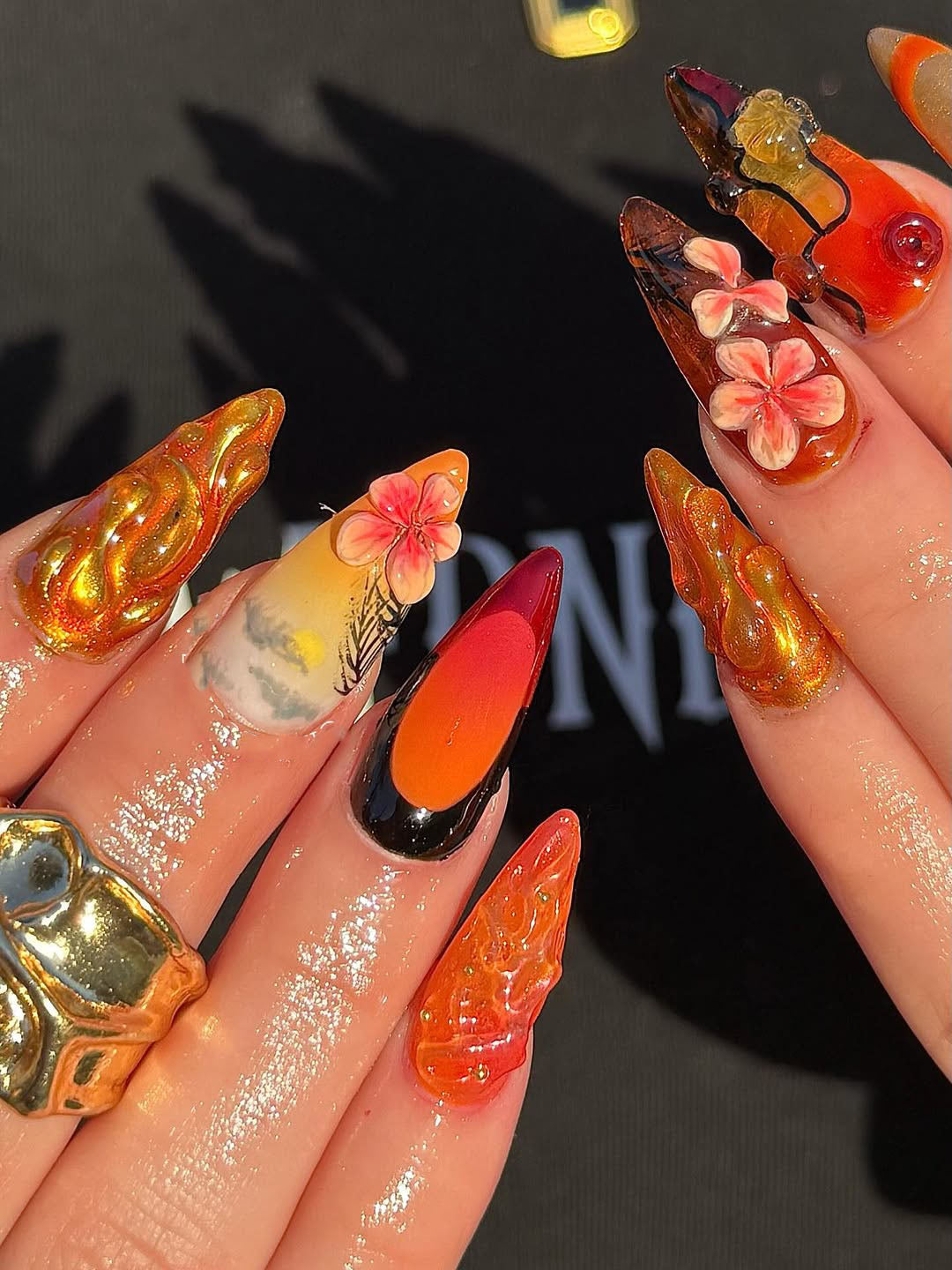Sunset Flame Press On Nails Orange Gold Fire Glam Set