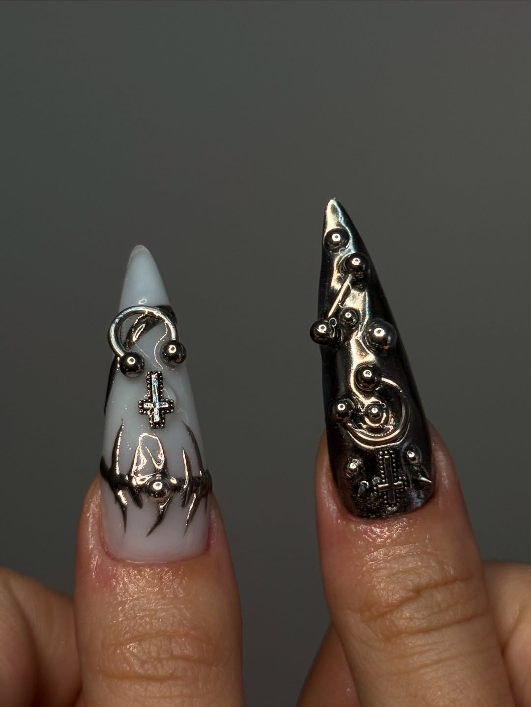 Edgy 3D Silver Gothic Stiletto Press-On Nails with Sculpted Details