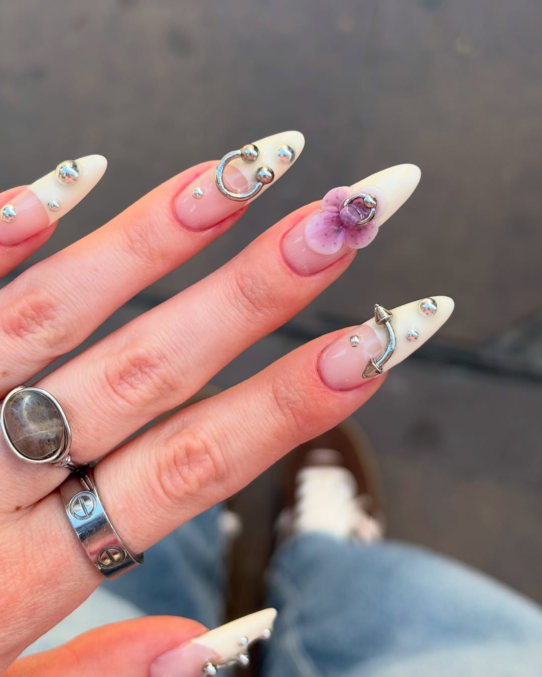 3D Orchid Piercing Press On Nails with Metallic Charms