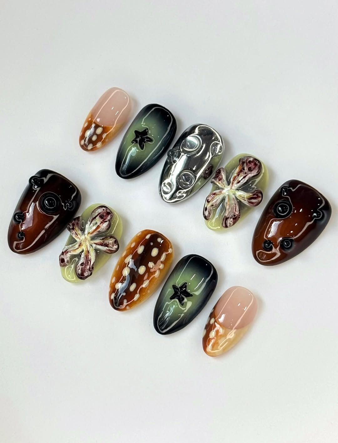 Handpainted Brown Green Press On Nails with Floral and Star 3D Accents