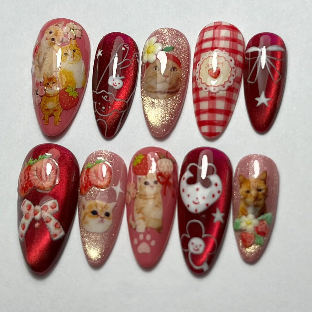 Strawberry Kitten Party Press On Nails with Cute Retro Accents