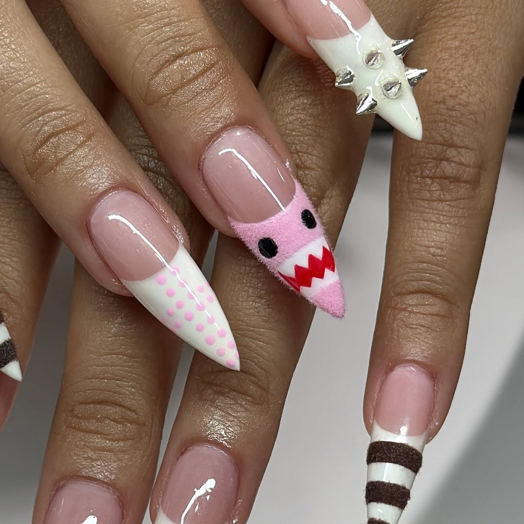 Spiked Pink Shark & Candy Stripe Press On Nails with 3D Textures