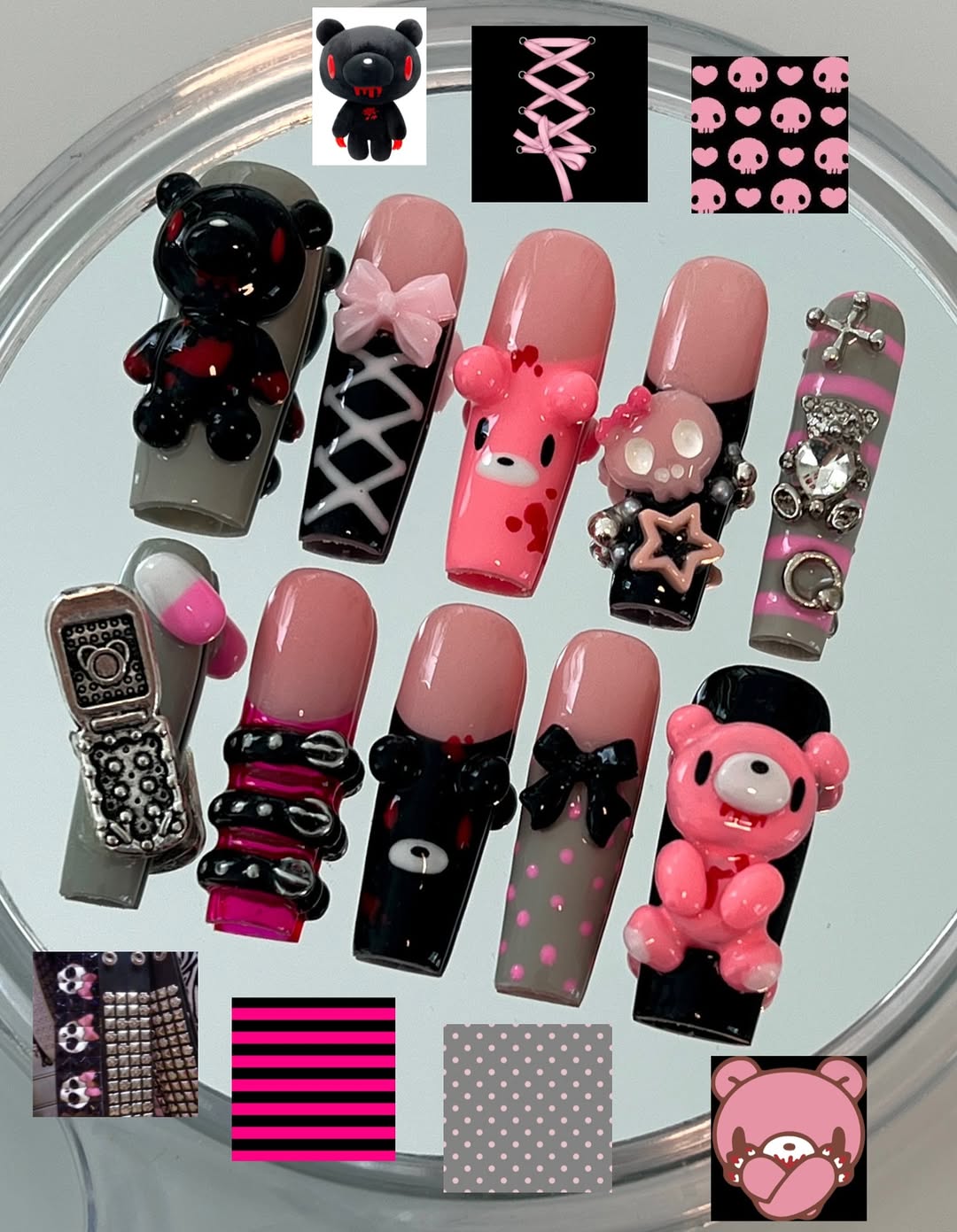 Gothic Teddy & Skull Pink Press On Nail Set 3D Cute Punk Style