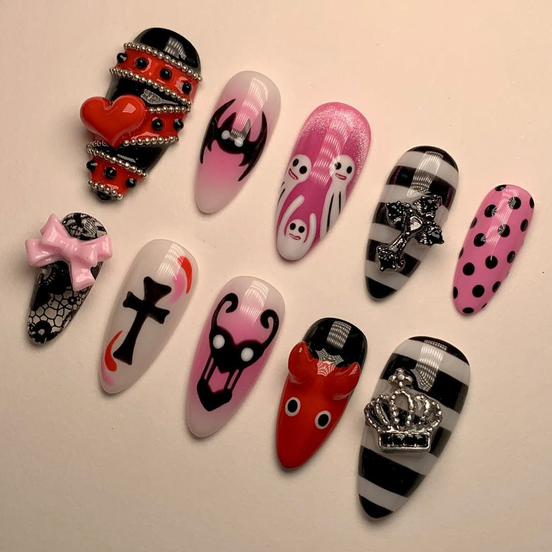 Y2K Gothic Pink Punk Press On Nails with 3D Charms & Stripes