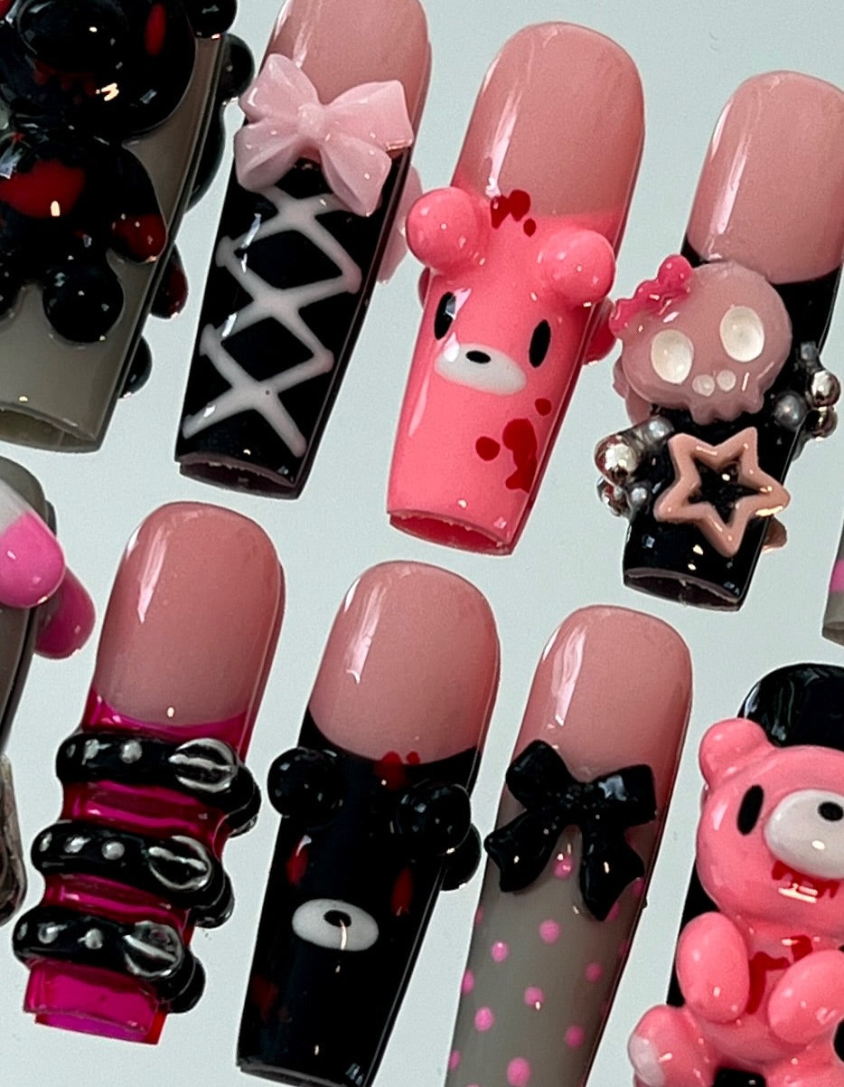 Gothic Teddy & Skull Pink Press On Nail Set 3D Cute Punk Style