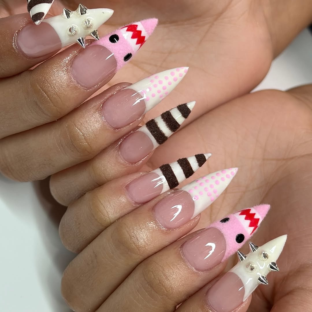 Spiked Pink Shark & Candy Stripe Press On Nails with 3D Textures