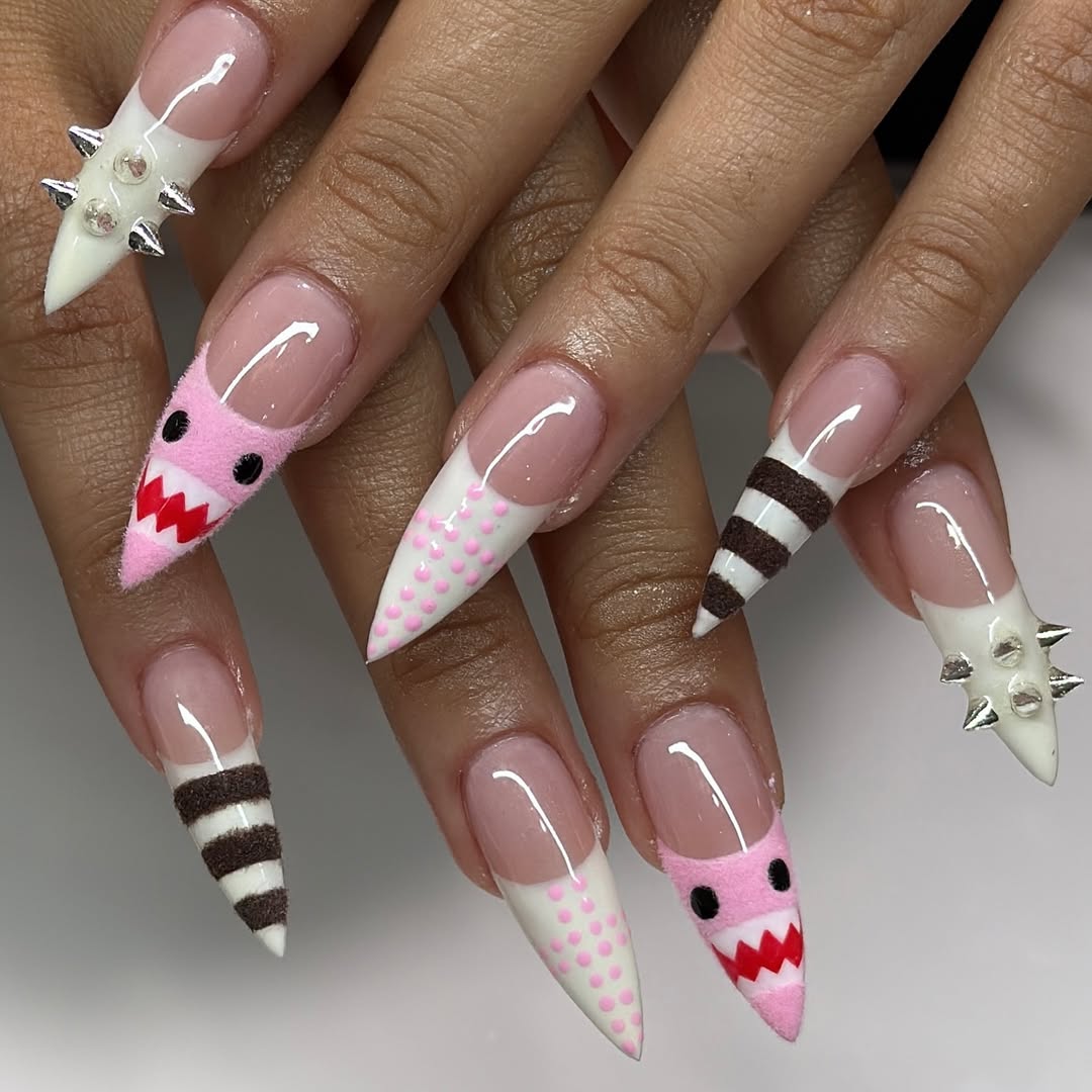 Spiked Pink Shark & Candy Stripe Press On Nails with 3D Textures