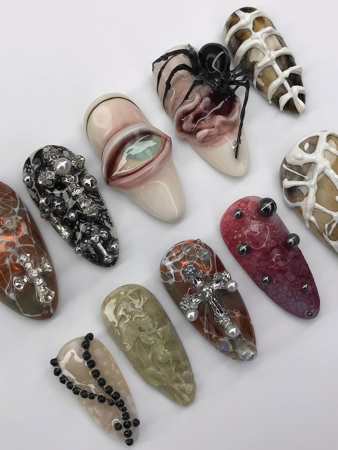 Gothic Horror Press-On Nails with 3D Spider Cross and Web Art