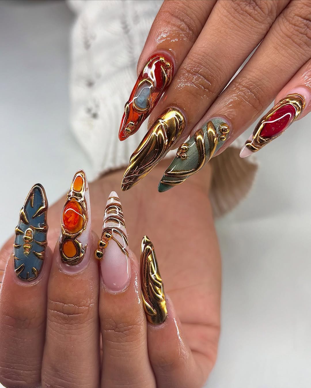Handmade Press-On Nails with 3D Metallic Luxury Stone Art
