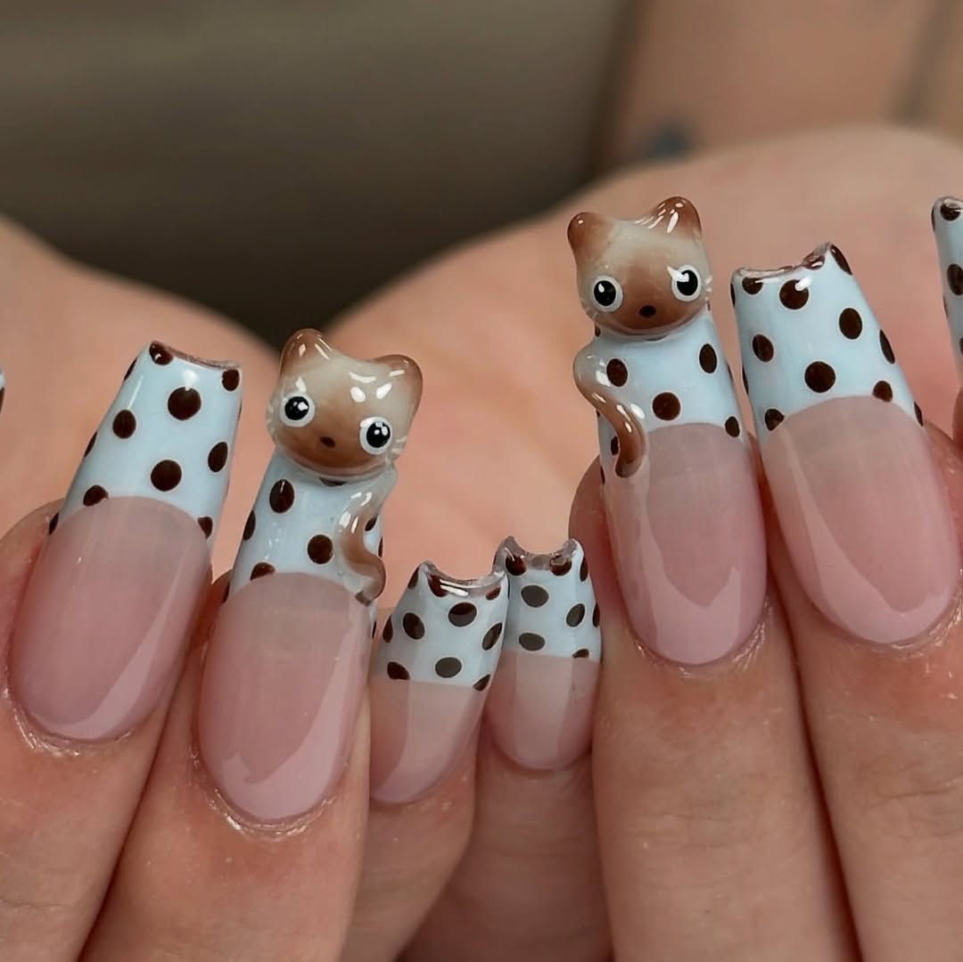 Adorable 3D Cat Polka Dot Long Square French Tip Press On Nails