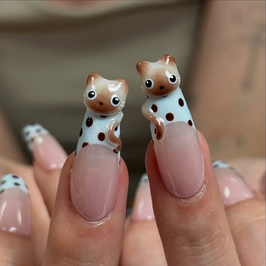 Adorable 3D Cat Polka Dot Long Square French Tip Press On Nails