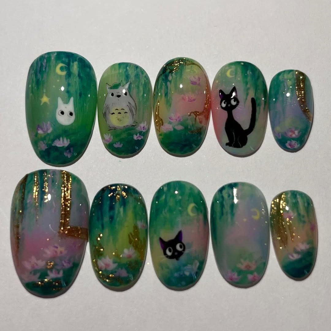 Hand-Painted Totoro and Jiji Forest Press On Nail Set