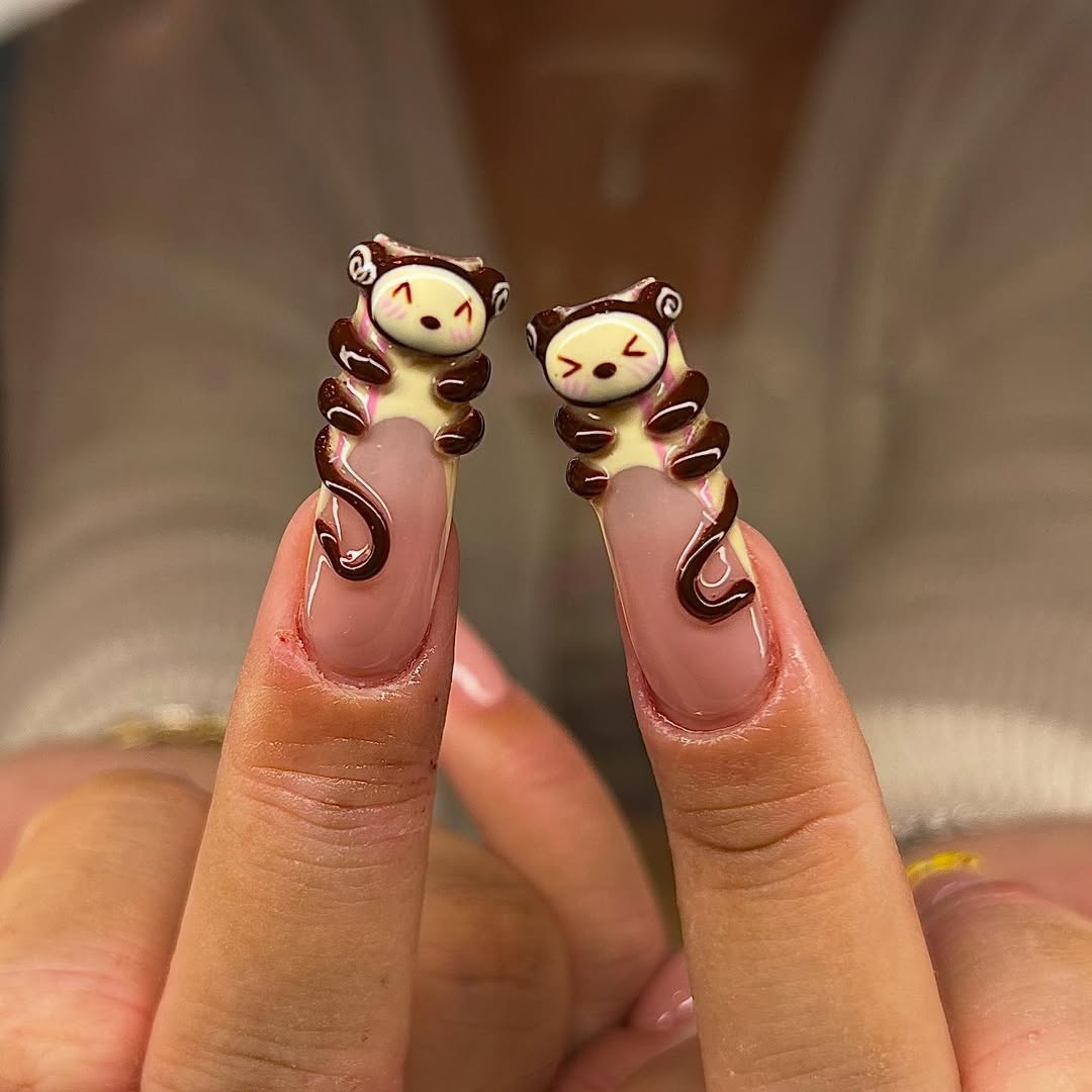 Cute Monkey & Banana 3D Nail Set, Pink Bow Press-On Nails