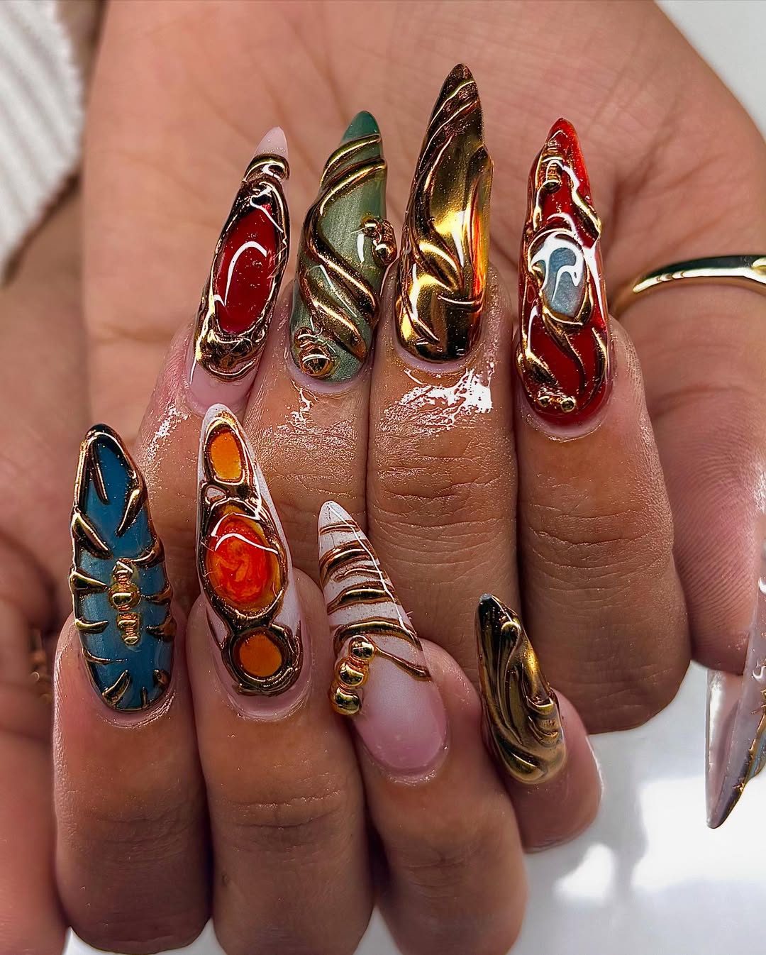 Handmade Press-On Nails with 3D Metallic Luxury Stone Art
