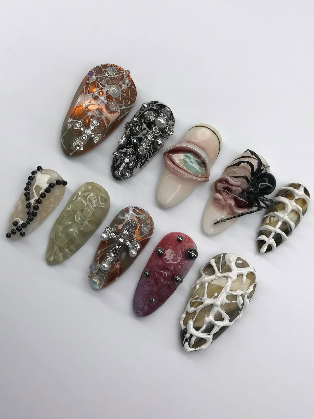Gothic Horror Press-On Nails with 3D Spider Cross and Web Art