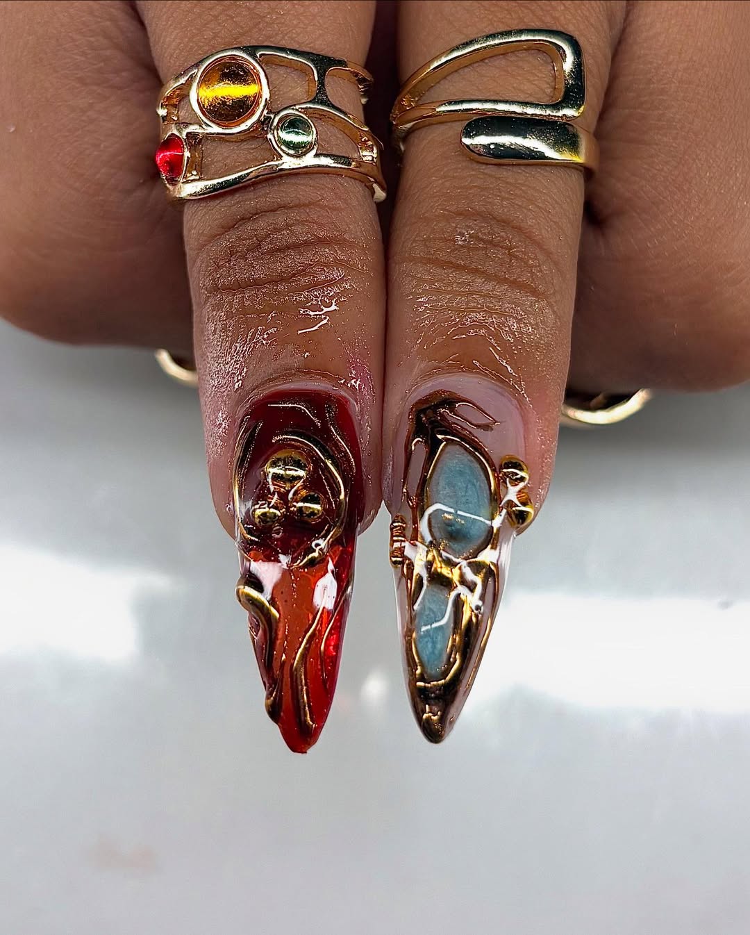 Handmade Press-On Nails with 3D Metallic Luxury Stone Art