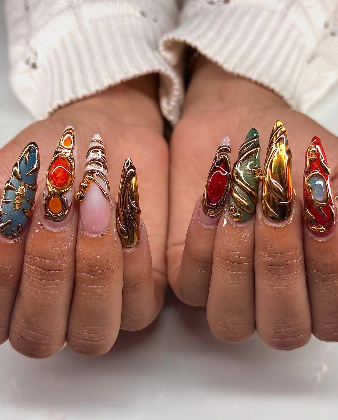 Handmade Press-On Nails with 3D Metallic Luxury Stone Art
