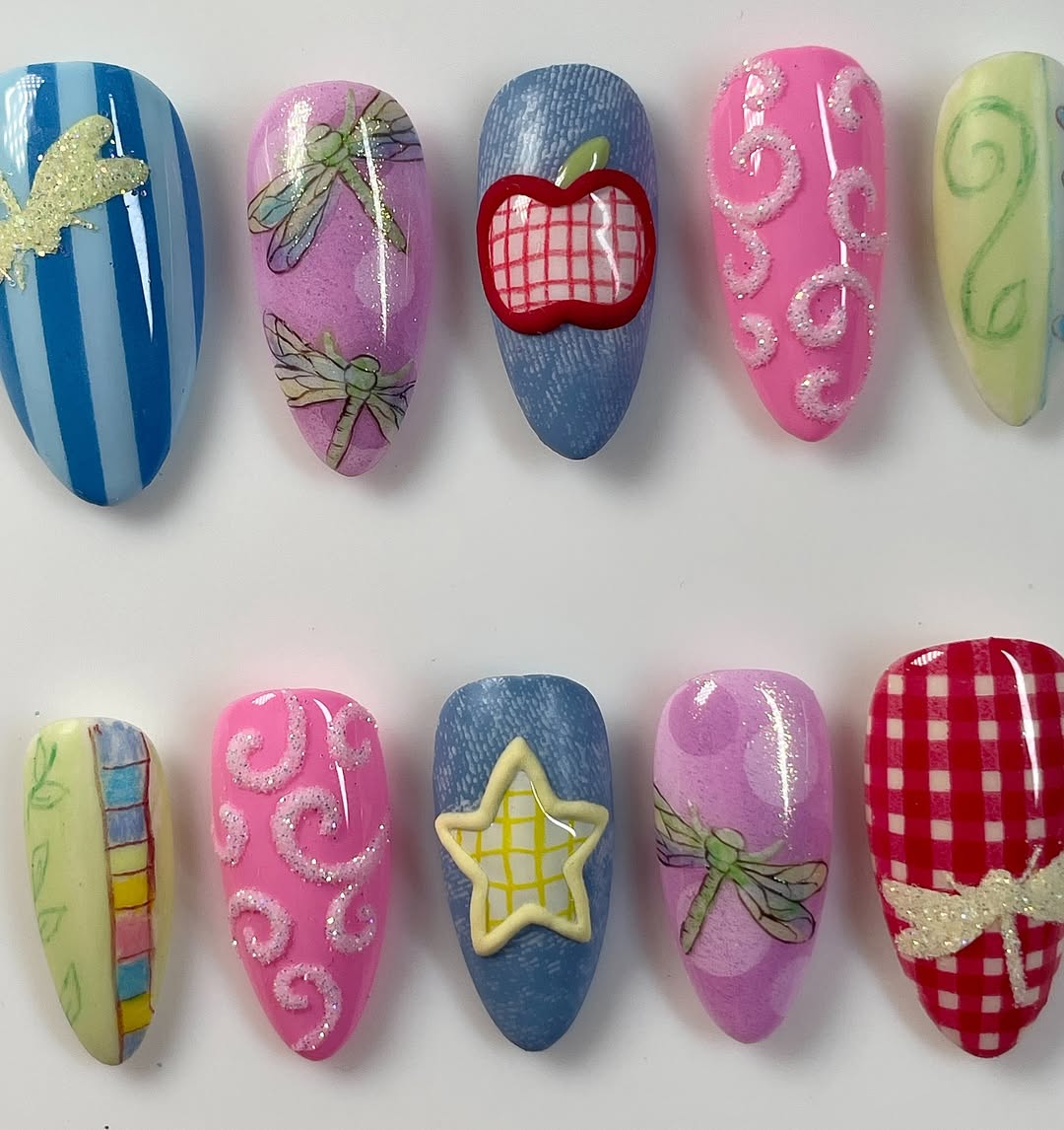 Gingham Apple & Dragonfly Press On Nails with Playful 3D Accents